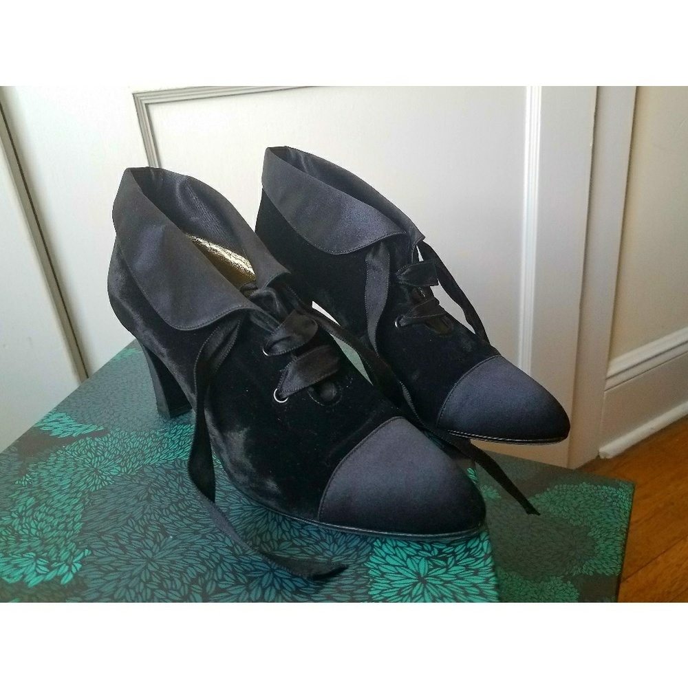 VINTAGE CHANEL Black Velvet and Silk Ankle Boots - Picture 2 of 7